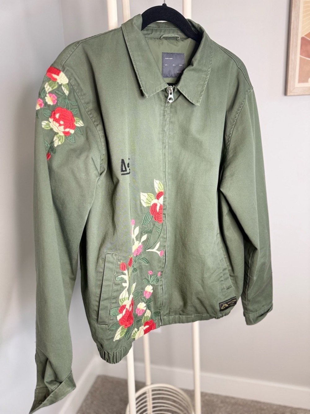 Zara Olive Green Bomber Jacket with Red & Pink Floral Embroidery